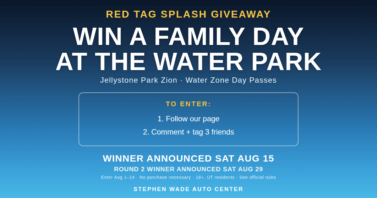Red Tag Splash Giveaway — win a family day at Jellystone Park Zion's Water Zone. Follow the page and comment tagging 3 friends. Enter August 1-14; winner announced Saturday, August 15.
